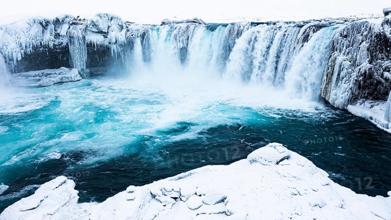 Godafoss waterfall, snowy landscape, drone shot, Northern Iceland Eyestra, Iceland, Europe
