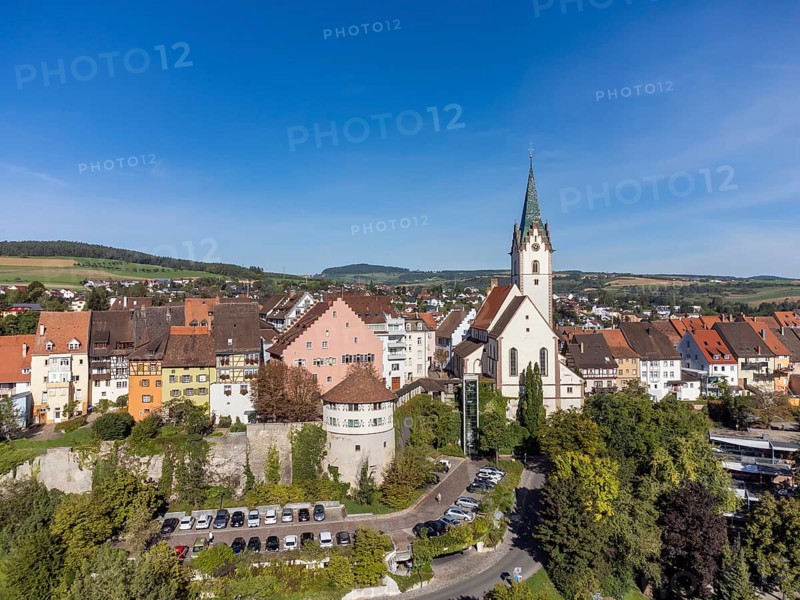 Aerial view of the town of Engen with the Church of the Assumption of the Virgin Mary, Constance district, Baden-Württemberg, Germany, Europe