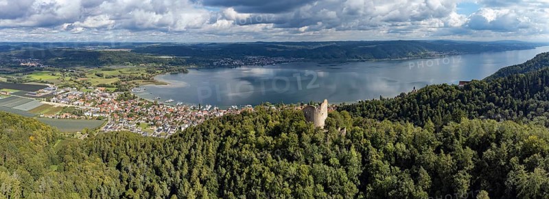 Aerial view of Lake Constance with the ruins of Altbodman with the village of Bodman-Ludwigshafen, Constance district, Baden-Württemberg, Germany, Europe
