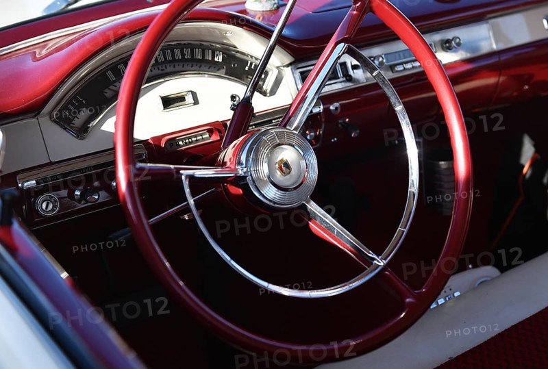 Steering wheel, Ford Custom 300 sedan, model A7 (1957) at a classic car meeting in Büsum, Germany, Europe