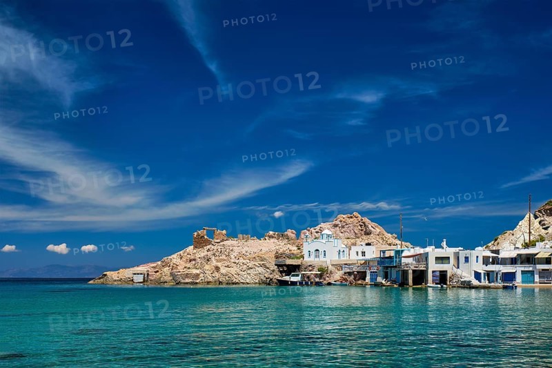 Greek village scenic picturesque view in Greece, the beach and fishing village of Firapotamos in Milos island, Greece, Europe