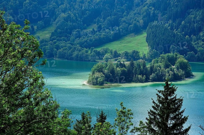View of the beautiful Schliersee in August, Pre-Alps, Bavaria, Germany, Europe