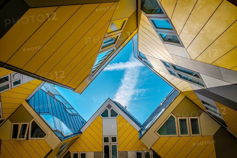 ROTTERDAM, NETHERLANDS, MAY 11, 2017: Cube houses, innovative cube-shaped houses designed by architect Piet Blom with idea to optimize space in Rotterdam, Netherlands now became a tourist attraction