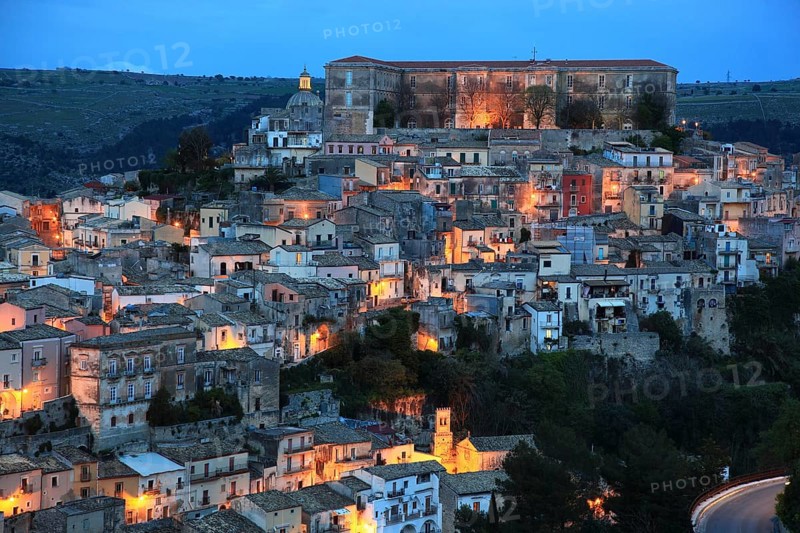City of Ragusa, the late Baroque district of Ragusa Ibla by night, Unesco World Heritage Site, Sicily, Italy, Europe