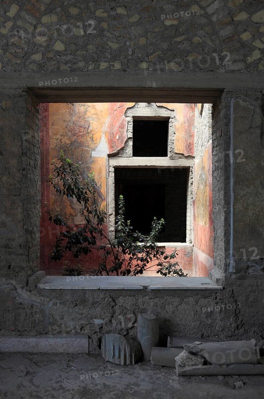 Villa of Poppea, view through window of the remains of the fresco decoration. Historic town of Oplontis, Torre Annunziata, Campania, Italy, Europe