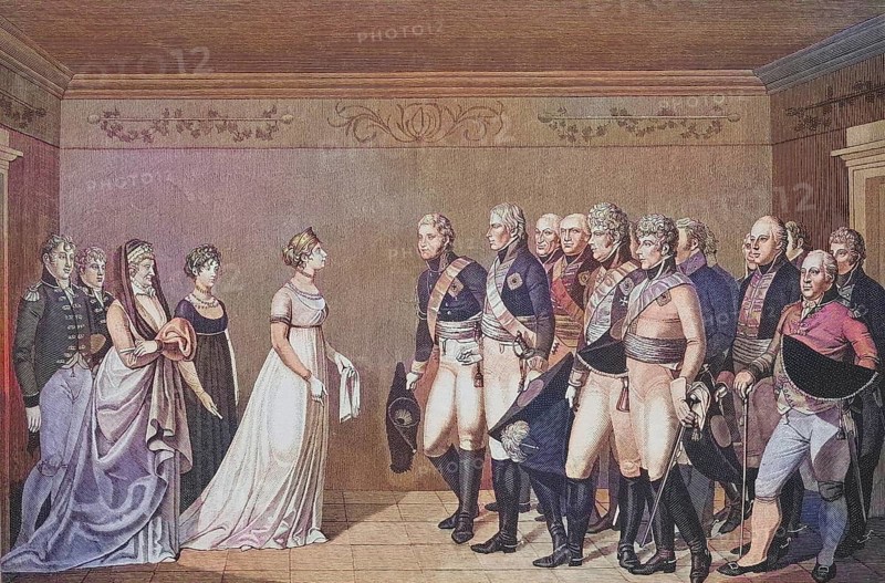 Meeting of Queen Louise with Emperor Alexander I Pavlovich Romanov, Emperor of Russia, on 10 November 1802, c. 1885, Historical, digitally restored reproduction from a 19th century original, Meeting of Queen Louise with Emperor Alexander I Pavlovich Romanov, Emperor of Russia, on 10 November 1802, c. 1885, Historical, digitally restored reproduction from a 19th century original