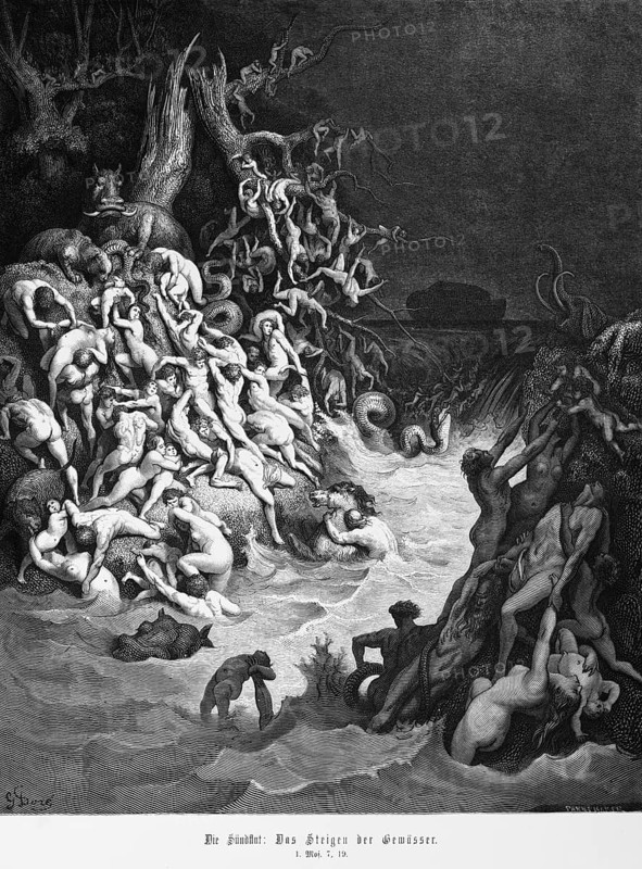 Bible, the flood of sin or deluge, rising of the waters, Genesis, 7, 19, Moses, Old Testament, sin, naked humanity, crowd, flood, drowning, God's punishment, fear, flee, dark sky, historical illustration 1885