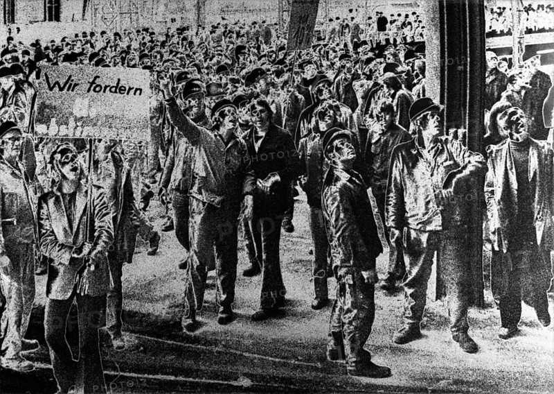 Pictures from the Ruhr area. The alienation is intentional. Made on 8.10.1974 in Dortmund. Demonstrating steelworkers, Germany, Europe