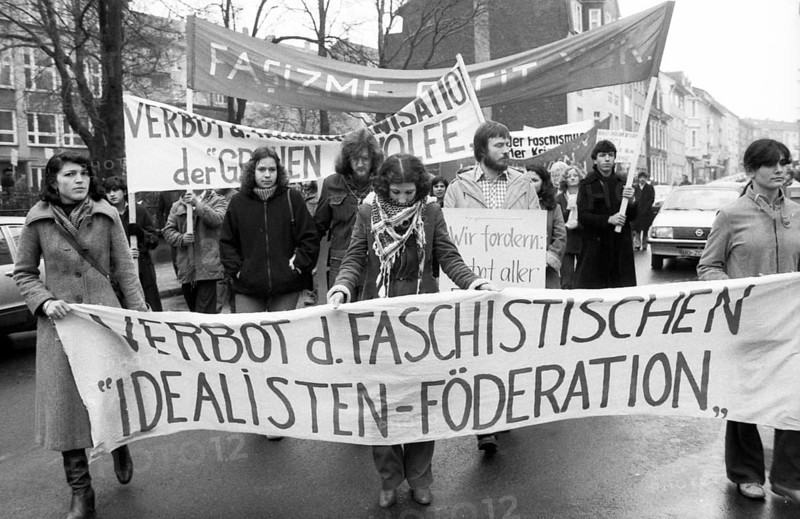 A ban on the Turkish right-wing organisation Graue Woelfe and the NPD was demanded by predominantly Turkish demonstrators on 01.03.1980 in Remscheid, Germany, Europe