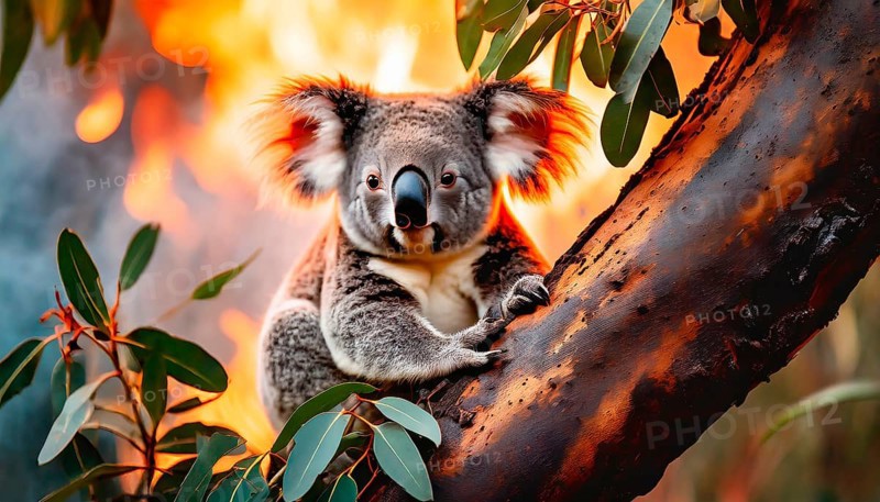 Climate change, global warming, bushfires, a koala in Australia sitting on a burning eucalyptus tree, AI generated