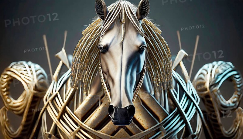 Horse, portrait as mystical mythical creature in golden and silver metallic armour in 3D optics, fantasy world, art object, AI generated, AI generated