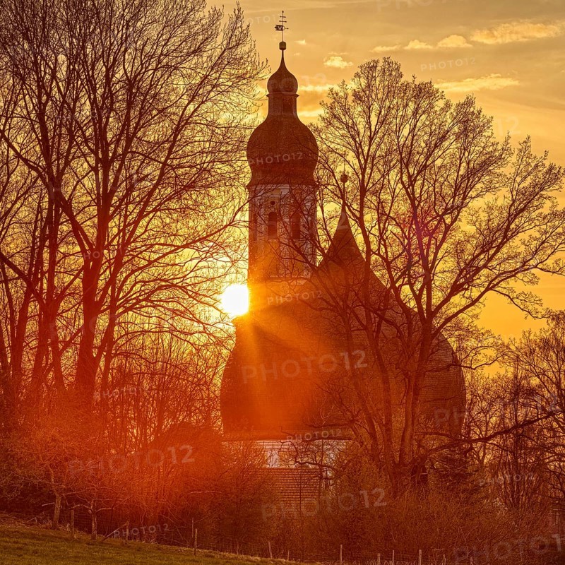 Sunset, Church of St John the Baptist and the Holy Cross, Westerndorf, Pang, Bavaria, Germany, Europe