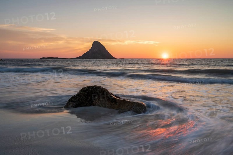 Sandy beach beach with island in the sea near Bleik, sunset, Andoya Island, Vesterålen, Northern Norway, Norway, Europe