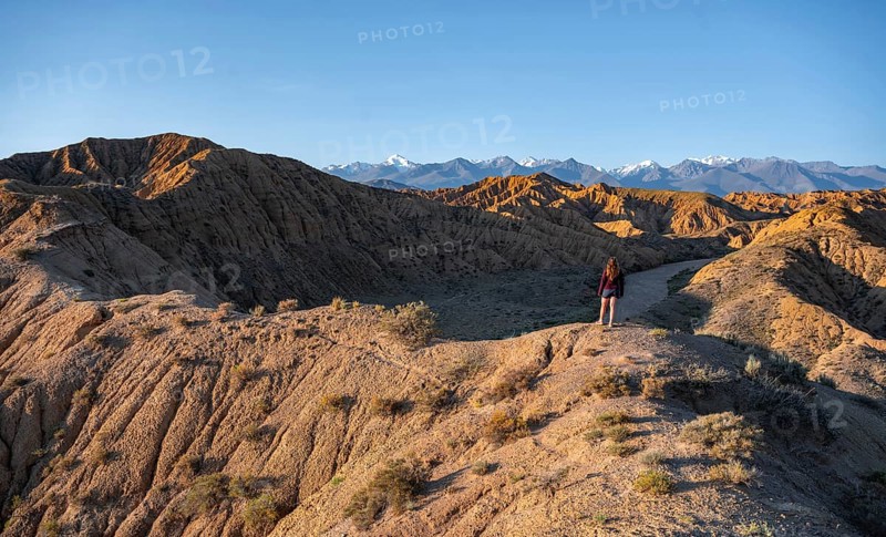 Tourist standing in a landscape of eroded hills at sunrise, Badlands, white mountain peaks of the Tian Shan Mountains in the background, Canyon of the Forgotten Rivers, Issyk Kul, Kyrgyzstan, Asia