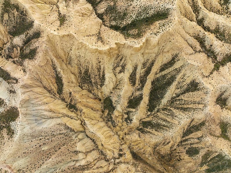 Bare ridges of eroded sandstone in the badlands of the Tabernas Desert, Europe's only true desert, aerial view, drone shot, Almería province, Andalusia, Spain, Europe
