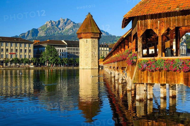 Chapel Bridge with Pilatus, City of Lucerne, Switzerland, Europe