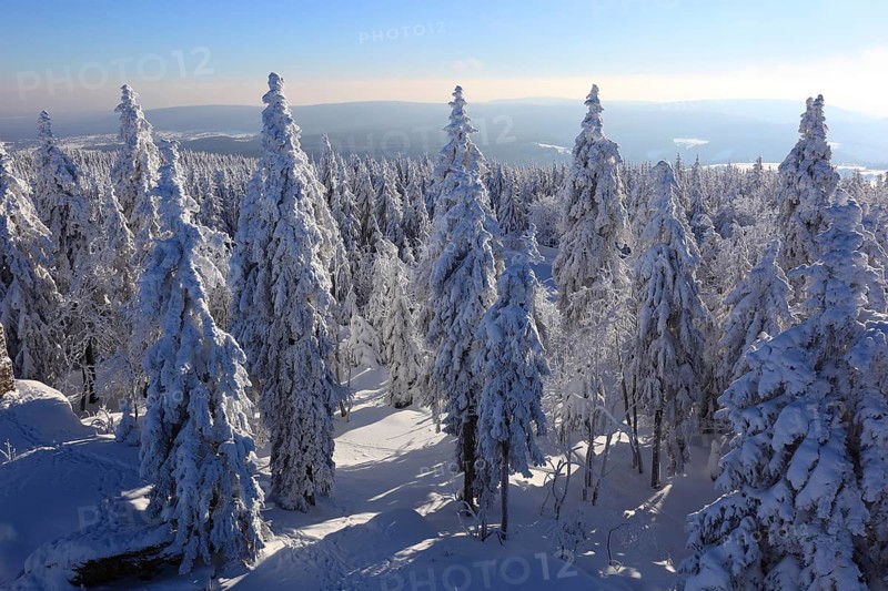 Winter landscape in the Fichtel Mountains, view from the Ochsenkopf, Bayreuth County, Upper Franconia, Bavaria, Germany, Europe