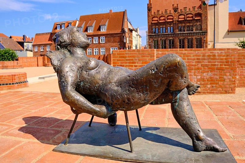 Sculpture Reclining Sofia by Bärbel Dieckmann, erected in the bricked-up ground plan of the ruins of St. Mary's Church, Old Town Hanseatic City of Wismar, Mecklenburg-Western Pomerania, Germany, Europe