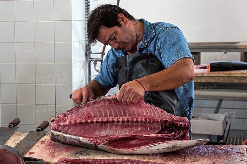 Tuna being cut up, fish hall, fish market, market hall Mercado dos Lavradores, Funchal, Madeira Island, Portugal, Europe