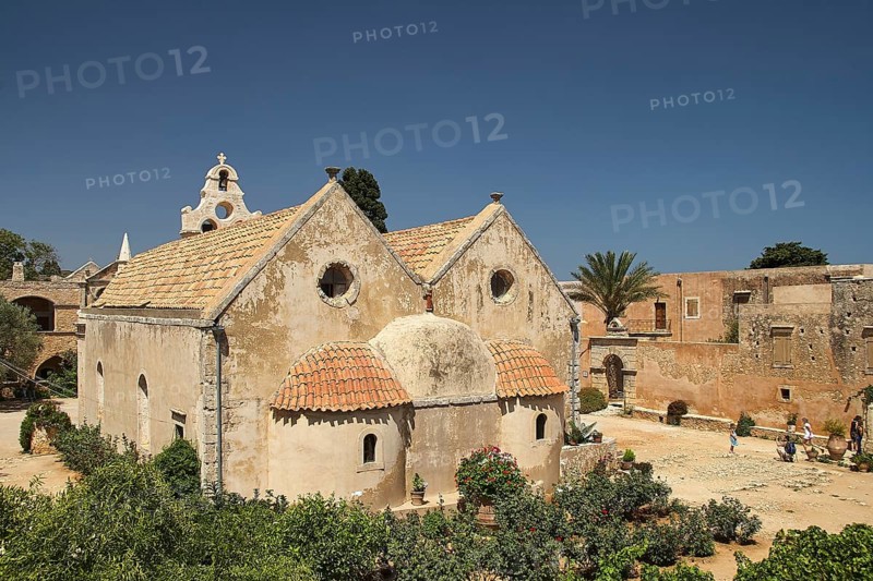 Church, courtyard, palm tree, Arkadi, Orthodox monastery, national monument, Rethimnon province, Crete, Greece, Europe