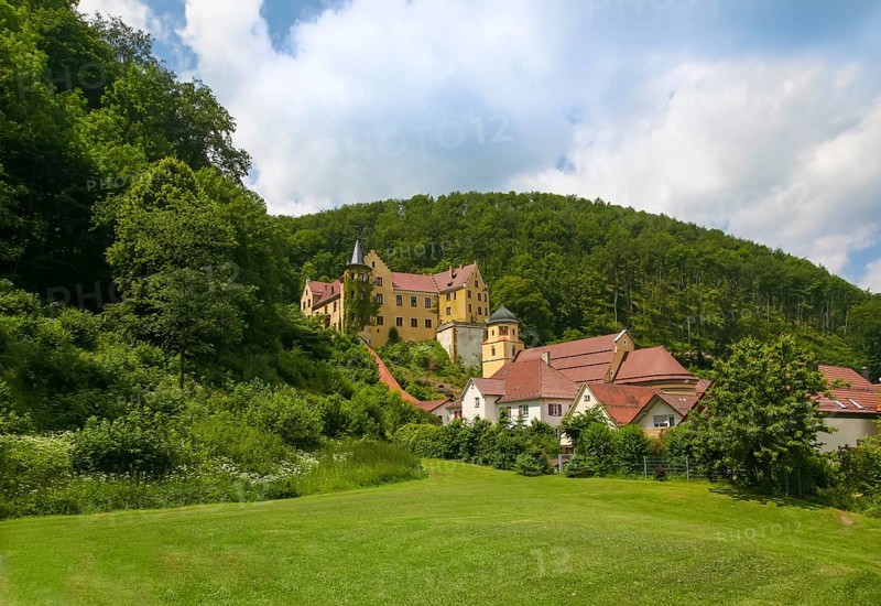 Weißenstein Castle, historical building, architecture, covered church, parish church, Assumption of the Virgin Mary, cherry, sacred building, lawn, meadow, bushes, trees, clouds, Lauterstein, Baden-Württemberg, Germany, Europe