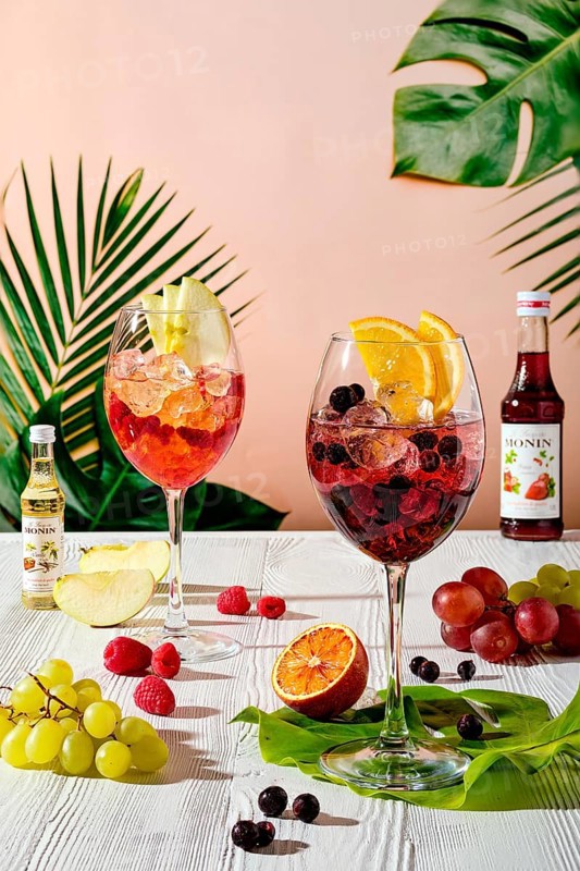 April 24, 2019, Minsk, Belarus, refreshing espresso and tonic summer drinks on white table under hard sulight, Europe