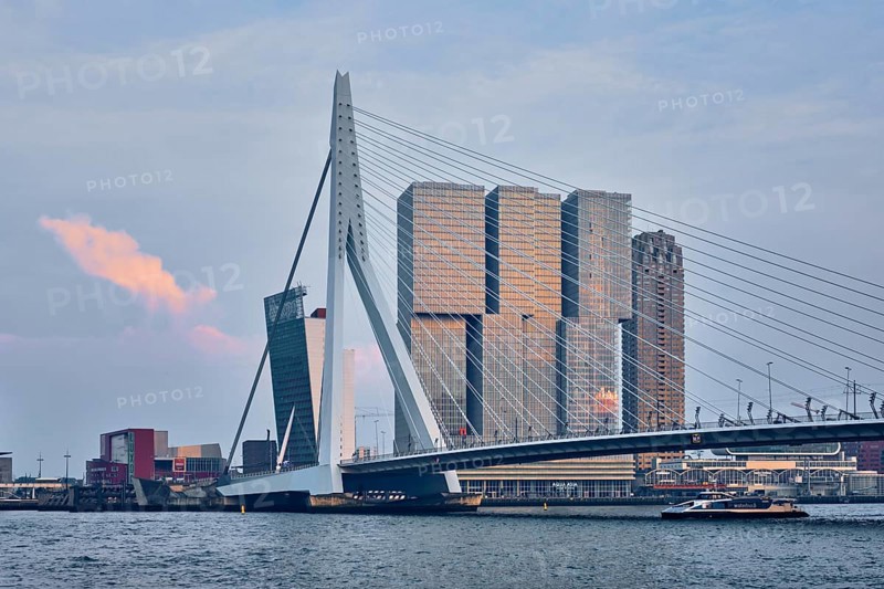 ROTTERDAM, NETHERLANDS, MAY 25, 2018: Rotterdam cityscape and Erasmus bridge over Nieuwe Maas on sunset. Rotterdam, Netherlands
