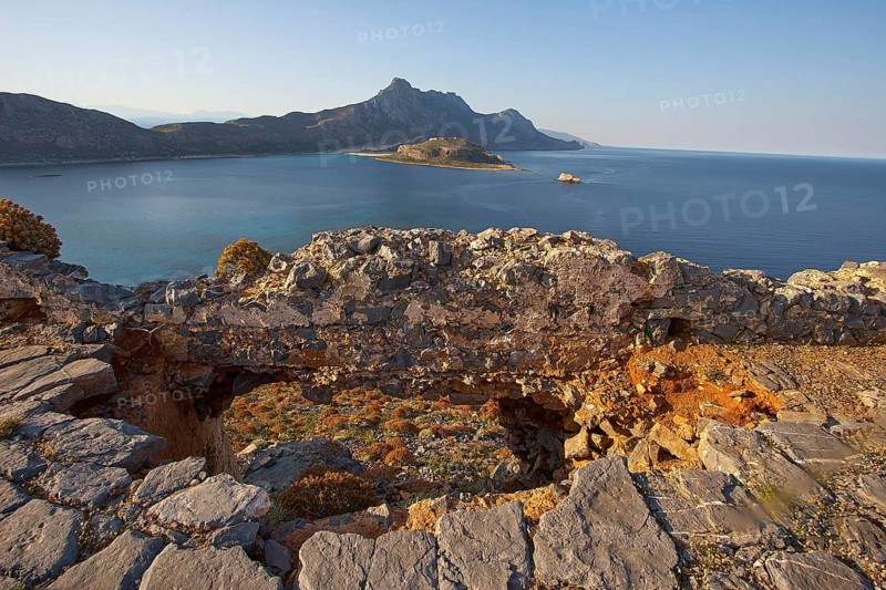 Venetian sea fortress Gramvoussa, lagoon, island, ridge, stone slabs, ruins, blue cloudless sky, Gramvoussa peninsula, Pirate Bay, Balos, Tigani, West Crete, island of Crete, Greece, Europe