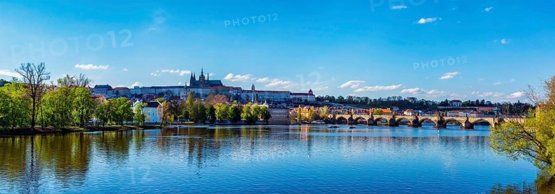 Panorama view of Charles bridge over Vltava river and Gradchany Prague Castle and St. Vitus Cathedral in the Prague, Czech Republic, Europe
