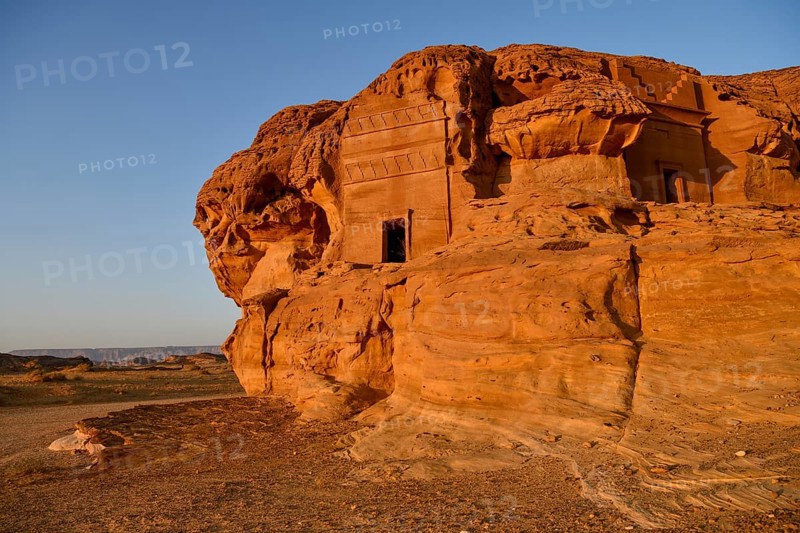 Nabataean tombs at Djabal Al-Ahmar in first light, Hegra or Mada'in Salih, AlUla region, Medina province, Saudi Arabia, Arabian Peninsula, Asia