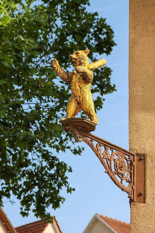Golden bear figure on facade, former Gasthof Bären, inn, restaurant, sculpture, plastic, Eningen unter Achalm, Baden-Württemberg, Germany, Europe