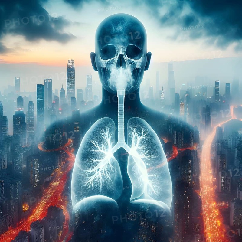Air Pollution city and people suffers lung disease. Industrial pollution. Industrial smoke. Human lungs. AI generated