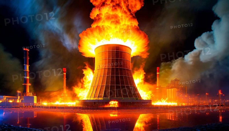 Symbolic image, environmental disaster, explosion in a nuclear reactor in a nuclear power plant, the facilities of a nuclear reactor are burning, AI generated, AI generated