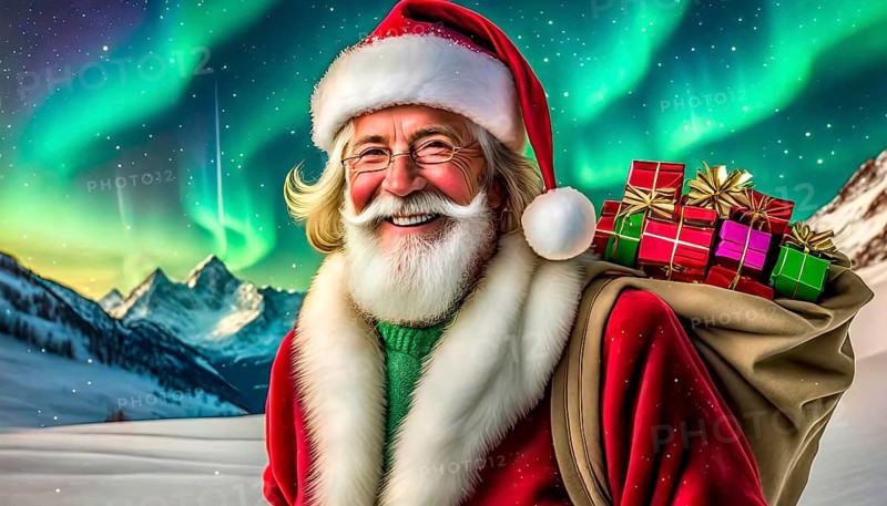 Christmas, Father Christmas with a sack full of presents stands in a snowy landscape, there are northern lights in the sky, AI generated