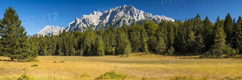 Moorland landscape near the Lautersee, near Mittenwald, with the Karwendel Mountains behind, Werdenfelser Land, Upper Bavaria, Bavaria, Germany, Europe