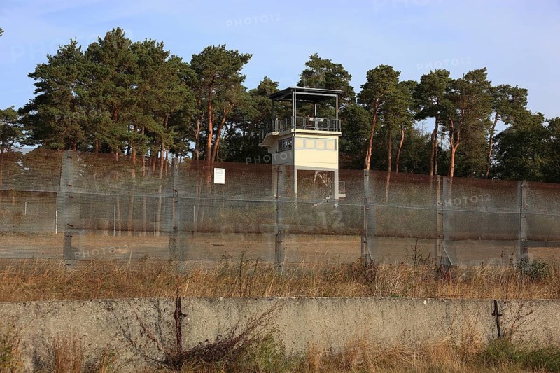 Point Alpha, memorial and meeting place on the road between Geisa (Thuringia) and Rasdorf (Hesse), Germany, expanded metal fence, former border fence, Europe