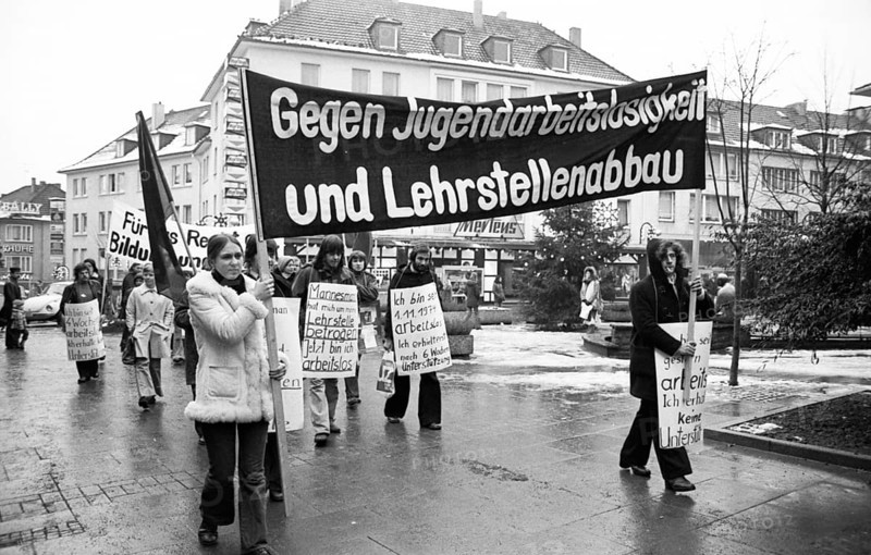 Young unemployed people demonstrated against unemployment and apprenticeship cuts in Solingen, Germany on 14.12.1074