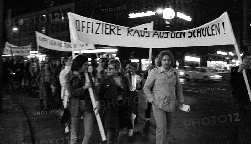 Left-wing and pacifist demonstration for the anti-war day on 1.9.1971 in Bochum.banner:Officers out of the schools, Germany, Europe