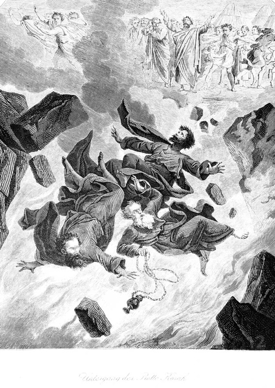 Downfall of the Korah Pack, Crowd, Fall, Israelites, Riot, Korah, Kades, God, Moses, Old Testament, Genesis, Fourth Book of Moses, Chapter 16, historical illustration c. 1850