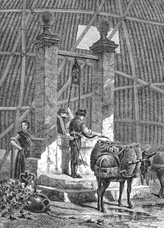 The fountain at the Alhambra in Grenada, drinking water is loaded into jugs transported by donkeys, 1869, Spain, Historic, digitally restored reproduction of an original 19th century artwork, exact original date unknown, Europe