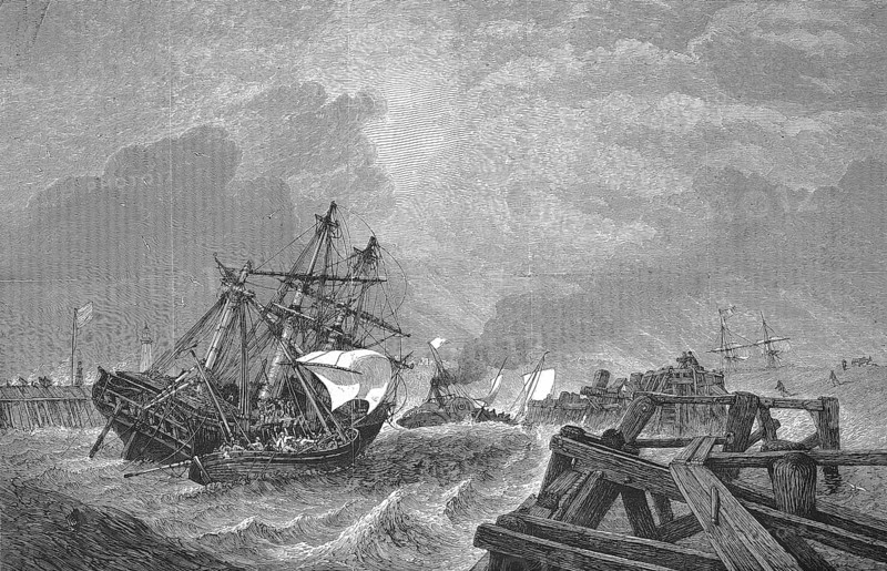 Rescue of a ship in front of the harbour entrance of Yarmouth, Isle of Wight, 1869, England, Historic, digitally restored reproduction of a 19th century original