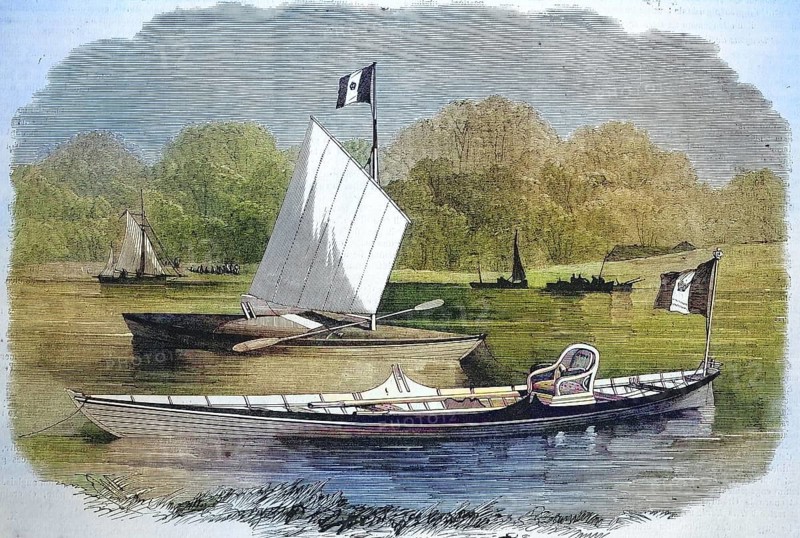 Armchair on a boat, canoe, of the Empress Eugénie de Montijo (woman of Napoleon III), 1865, France, Historic, digitally restored reproduction of a 19th century original, exact original date unknown, Europe