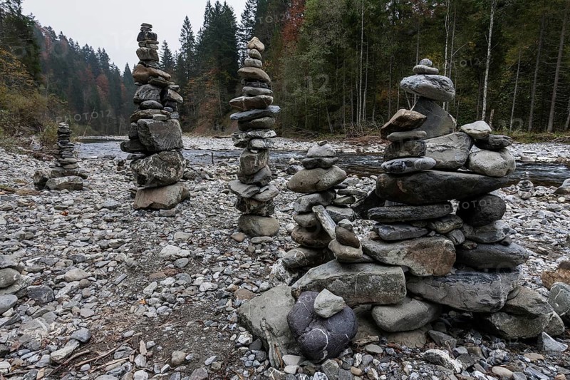 Cairn on the banks of the Breitach, near Oberstdorf, Oberallgäu, Allgäu, Bavaria, Germany, Europe
