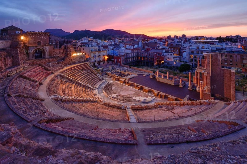 Teatro Romano, blue hour, Roman amphitheater, in the old town of Cartagena, Murcia region, Spain, Europe