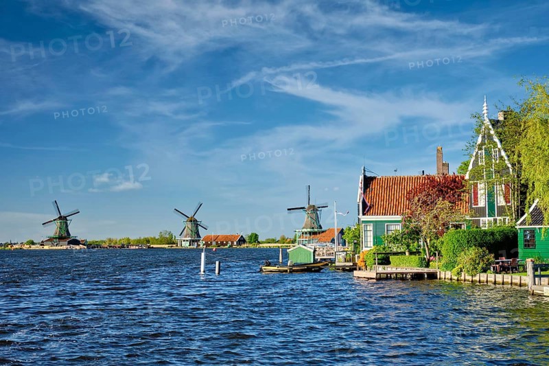 Netherlands rural lanscape Windmills at famous tourist site Zaanse Schans in Holland. Zaandam, Netherlands
