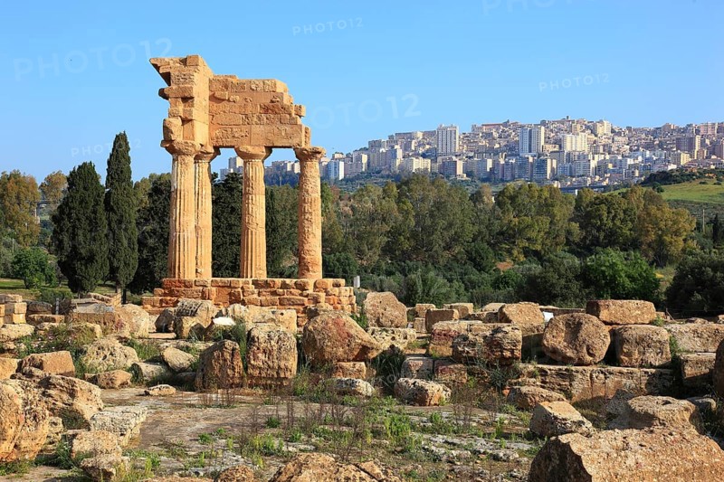 In the Parco Valle dei Templi di Agrigento, Unesco World Heritage Site, remains of the ancient city of Akragas in the Valley of the Temples of Agrigento, remains of the Temple of Dioscuri at Porta V, Sicily, Italy, Europe