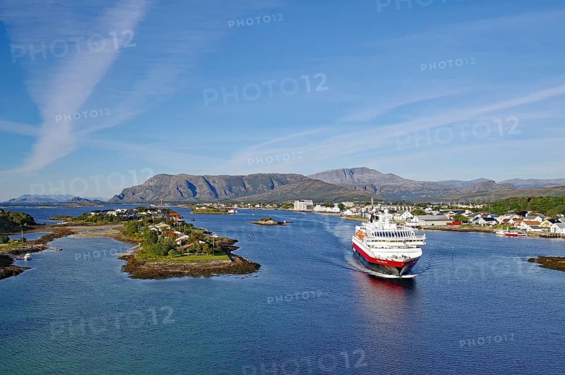 Hurtigruten ship from above, island and mountains, Bronnöysund, Helgeland, Nordland, Norway, Europe