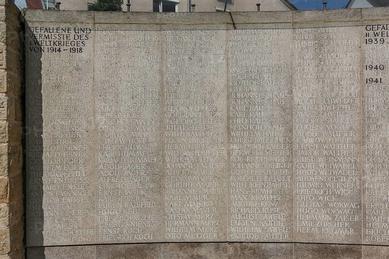 Memorial plaque at the Protestant St. Andrew's Church, memorial, lists of names of the fallen and missing, World War I and World War II, Eningen unter Achalm, Baden-Württemberg, Germany, Europe