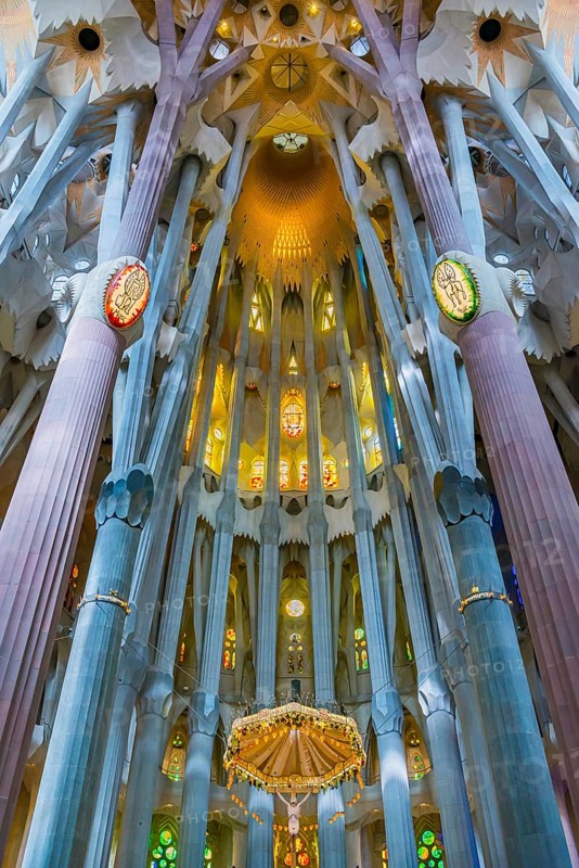 Interior view of the Familia Sagrada by the architect Antonio Gaudi in Barcelona, Spain, Europe