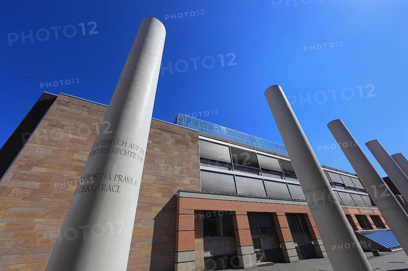 In the historic centre of Nuremberg, Street of Human Rights, by artist Dani Karavan at the Germanic National Museum, white columns with human rights articles in short form, Middle Franconia, Bavaria, Germany, Europe